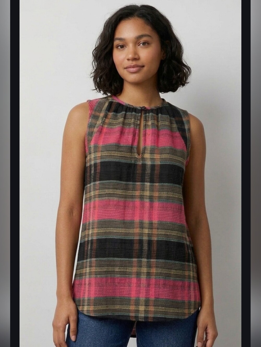 Ace & Jig Plaid Pink Black Sleeveless Cotton Blend Top XS